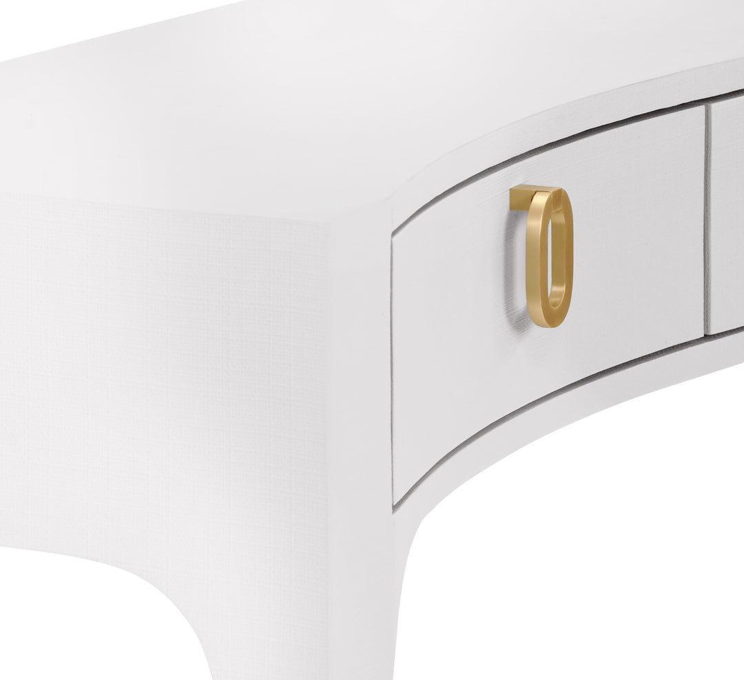 Curved Front Console With Three Drawers In Textured White Linen With Satin Brass Ring Hardware - SABRINA WH