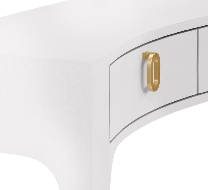 Curved Front Console With Three Drawers In Textured White Linen With Satin Brass Ring Hardware - SABRINA WH