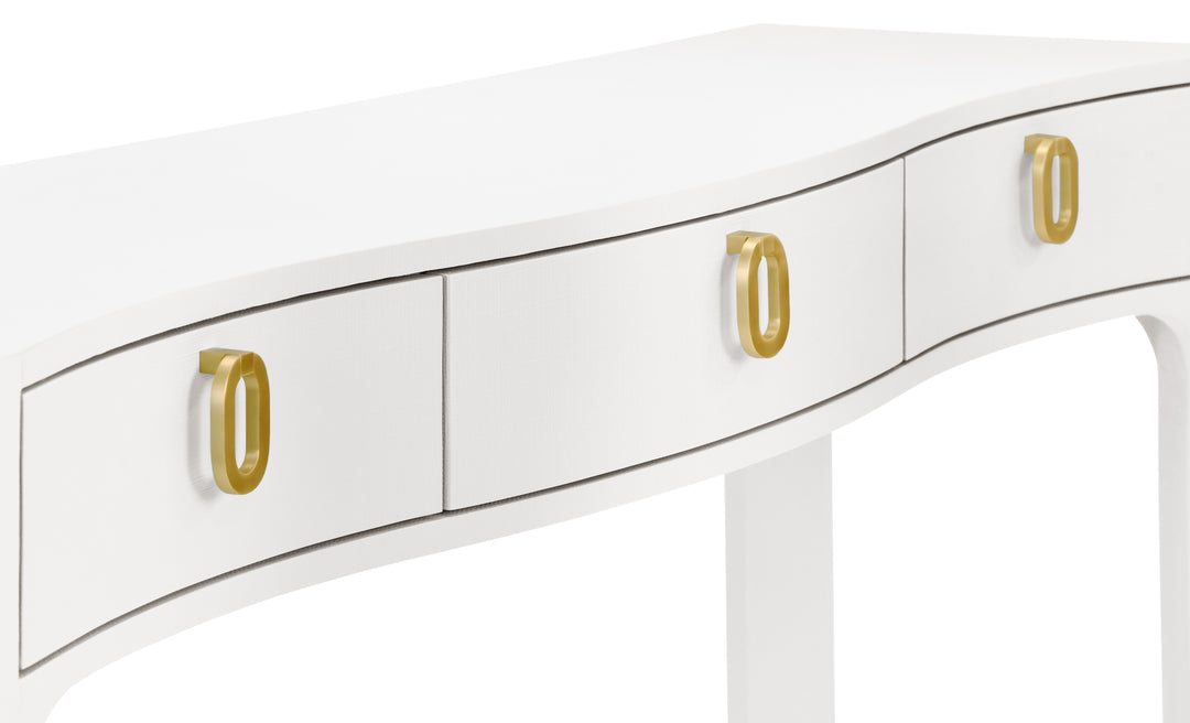 Curved Front Console With Three Drawers In Textured White Linen With Satin Brass Ring Hardware - SABRINA WH