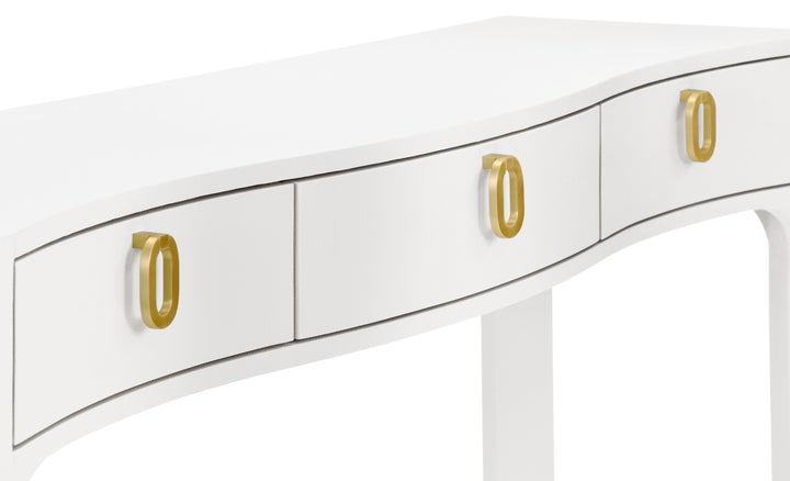 Curved Front Console With Three Drawers In Textured White Linen With Satin Brass Ring Hardware - SABRINA WH