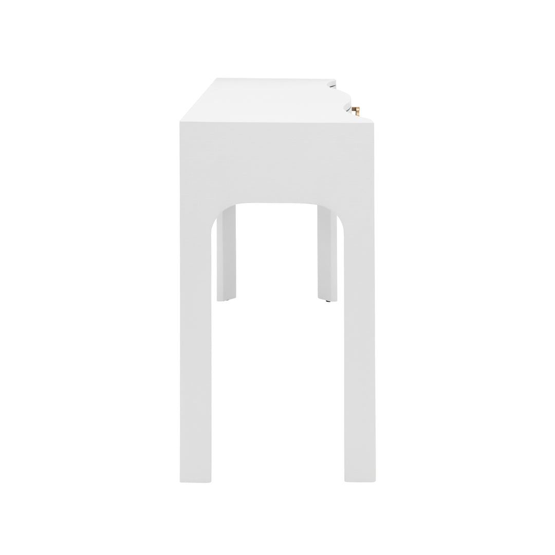 Curved Front Console With Three Drawers In Textured White Linen With Satin Brass Ring Hardware - SABRINA WH