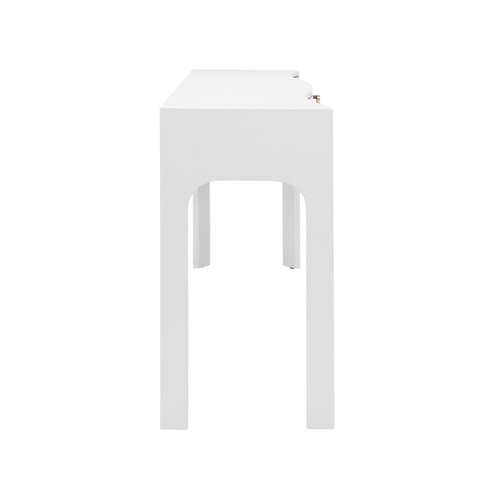 Curved Front Console With Three Drawers In Textured White Linen With Satin Brass Ring Hardware - SABRINA WH