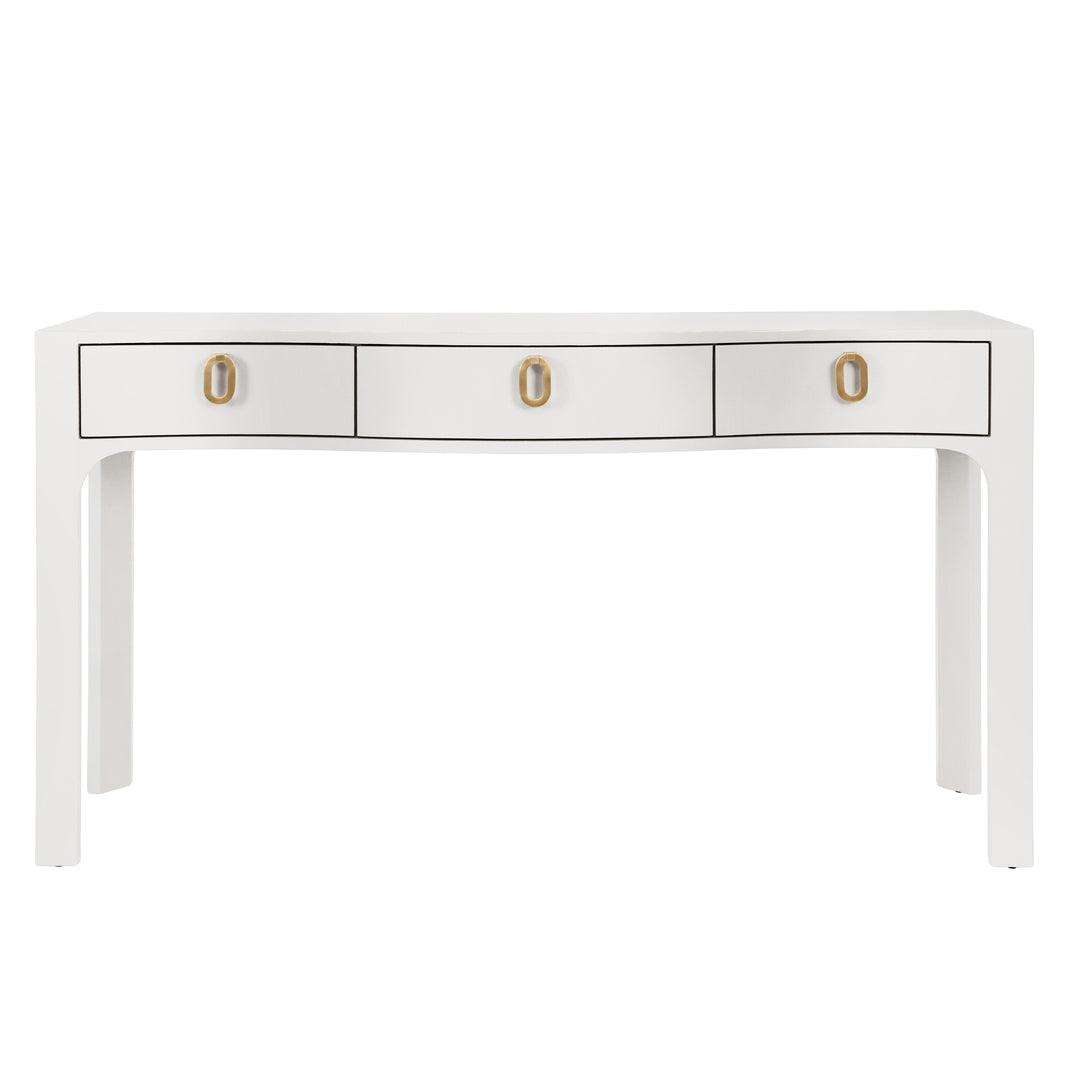Curved Front Console With Three Drawers In Textured White Linen With Satin Brass Ring Hardware - SABRINA WH