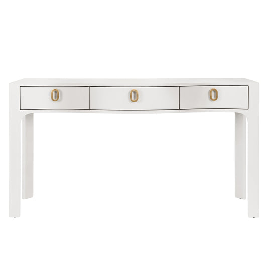 Curved Front Console With Three Drawers In Textured White Linen With Satin Brass Ring Hardware - SABRINA WH