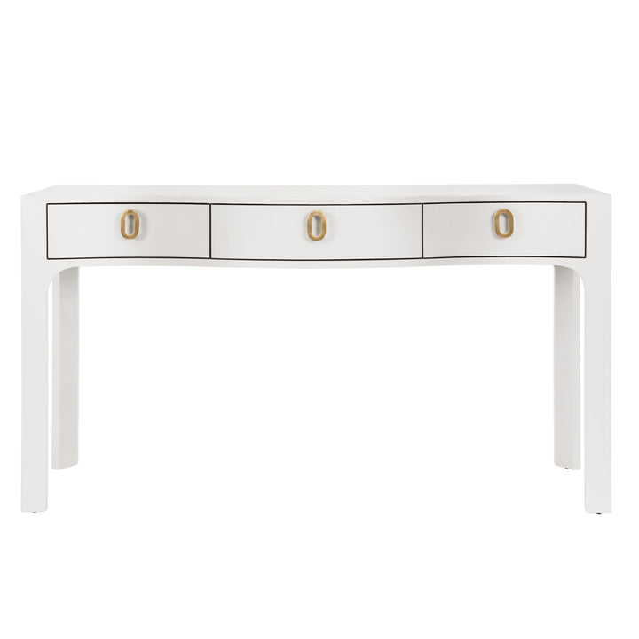 Curved Front Console With Three Drawers In Textured White Linen With Satin Brass Ring Hardware - SABRINA WH