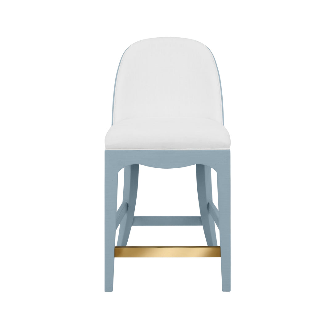Curved Counter Stool With Satin Brass Ring Hardware On Back In Performance White Linen Upholstery And Textured Light Blue Linen Frame - SADIE CS LB