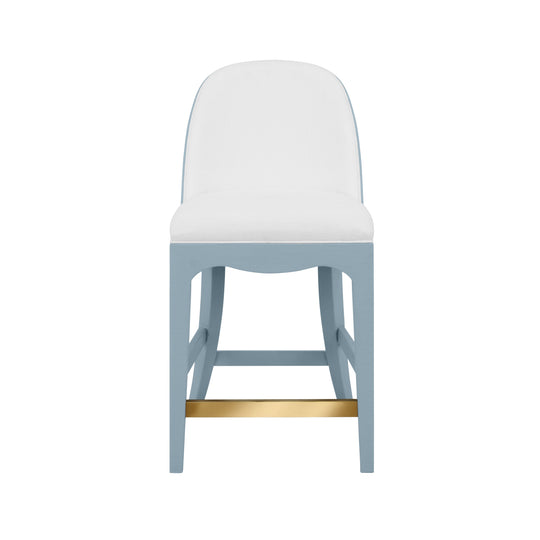 Curved Counter Stool With Satin Brass Ring Hardware On Back In Performance White Linen Upholstery And Textured Light Blue Linen Frame - SADIE CS LB