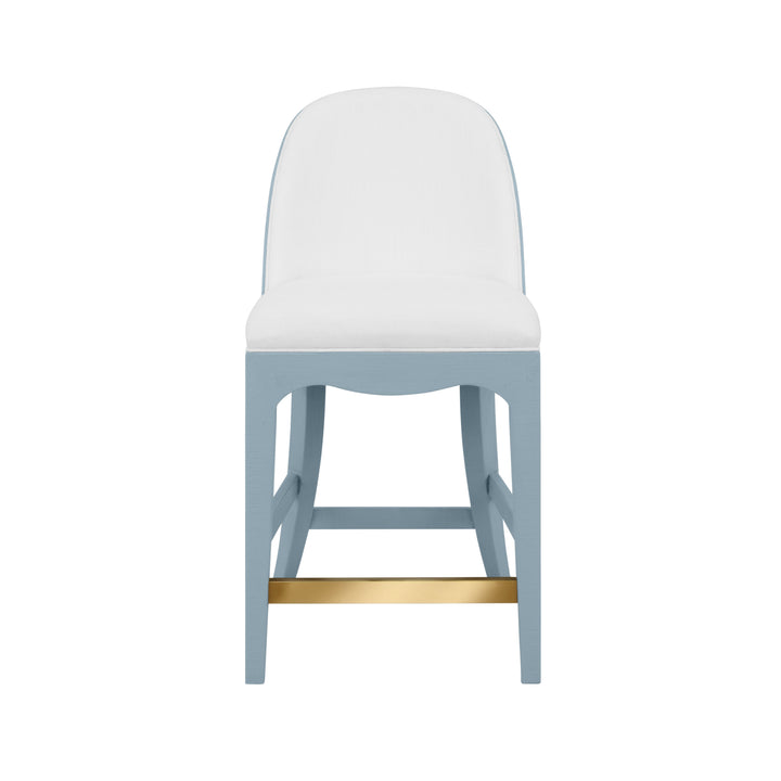 Curved Counter Stool With Satin Brass Ring Hardware On Back In Performance White Linen Upholstery And Textured Light Blue Linen Frame - SADIE CS LB