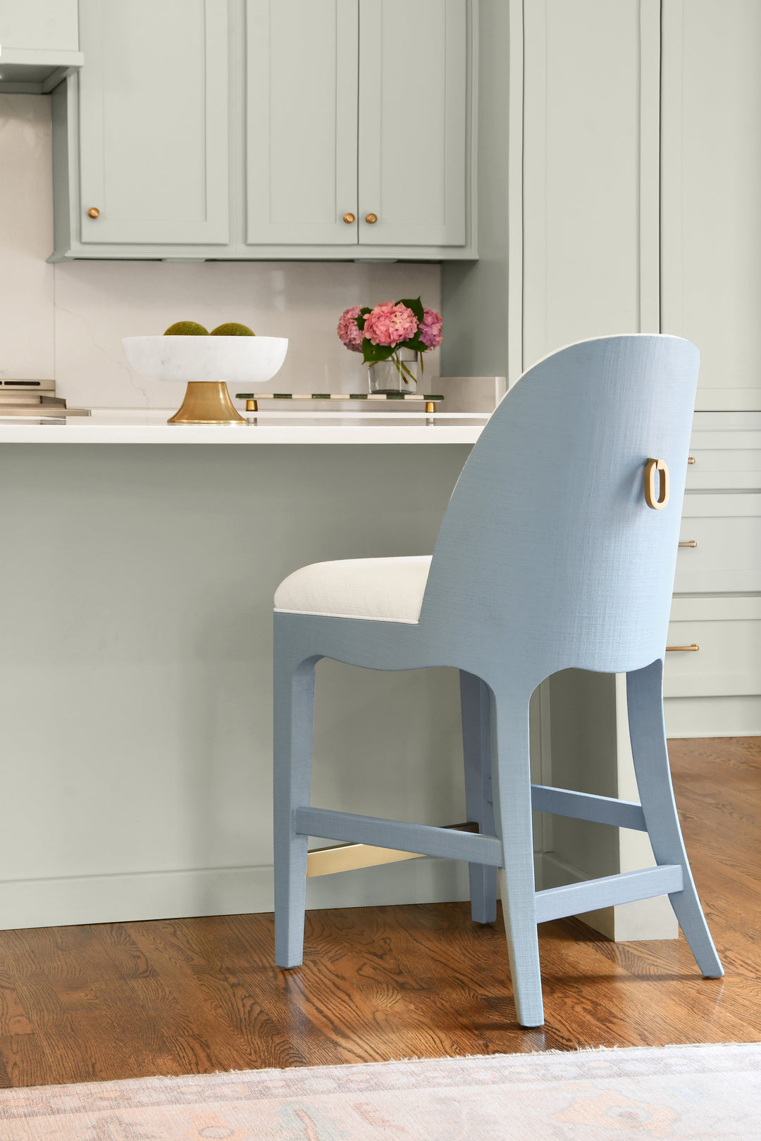 Curved Counter Stool With Satin Brass Ring Hardware On Back In Performance White Linen Upholstery And Textured Light Blue Linen Frame - SADIE CS LB