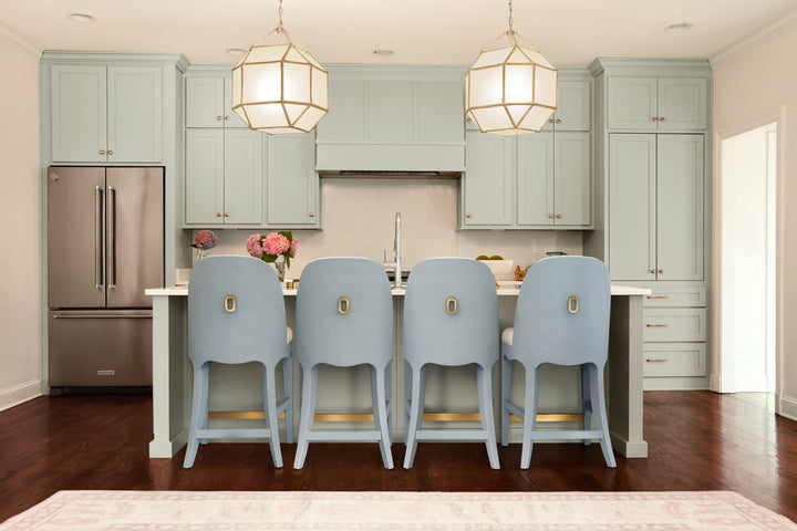 Curved Counter Stool With Satin Brass Ring Hardware On Back In Performance White Linen Upholstery And Textured Light Blue Linen Frame - SADIE CS LB