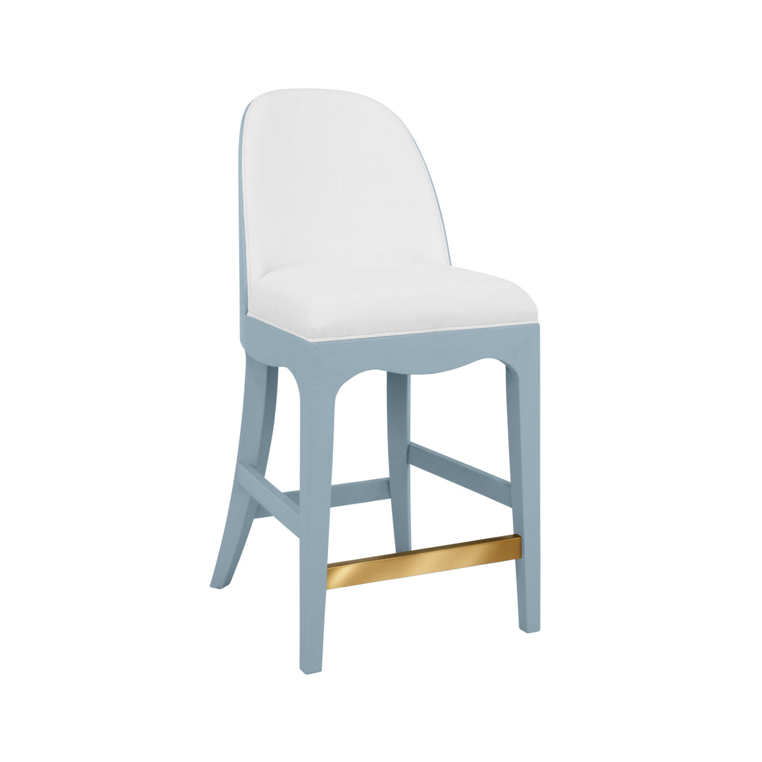 Curved Counter Stool With Satin Brass Ring Hardware On Back In Performance White Linen Upholstery And Textured Light Blue Linen Frame - SADIE CS LB