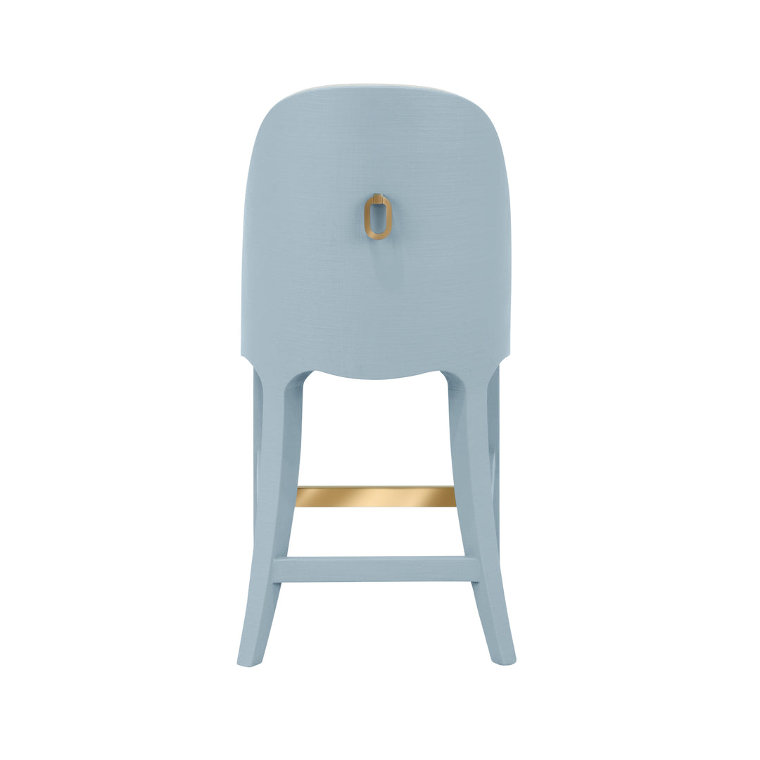 Curved Counter Stool With Satin Brass Ring Hardware On Back In Performance White Linen Upholstery And Textured Light Blue Linen Frame - SADIE CS LB