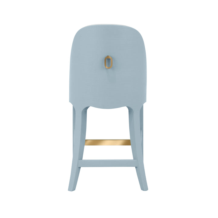 Curved Counter Stool With Satin Brass Ring Hardware On Back In Performance White Linen Upholstery And Textured Light Blue Linen Frame - SADIE CS LB