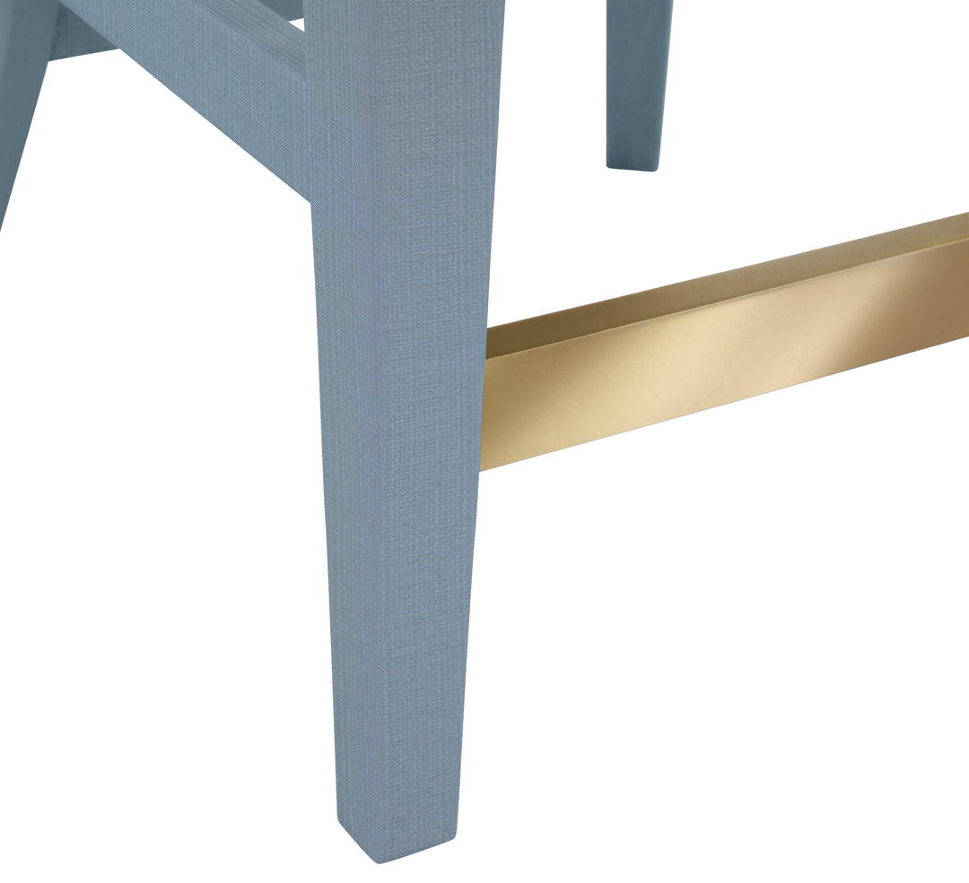Curved Counter Stool With Satin Brass Ring Hardware On Back In Performance White Linen Upholstery And Textured Light Blue Linen Frame - SADIE CS LB