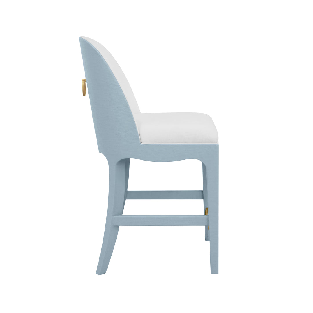 Curved Counter Stool With Satin Brass Ring Hardware On Back In Performance White Linen Upholstery And Textured Light Blue Linen Frame - SADIE CS LB