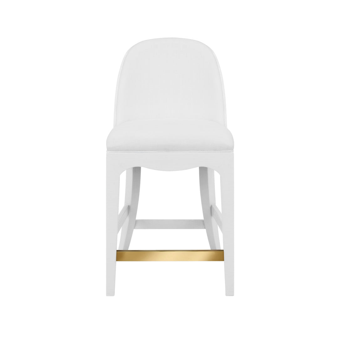 Curved Counter Stool With Satin Brass Ring Hardware On Back In Performance White Linen Upholstery And Textured White Linen Frame - SADIE CS WH