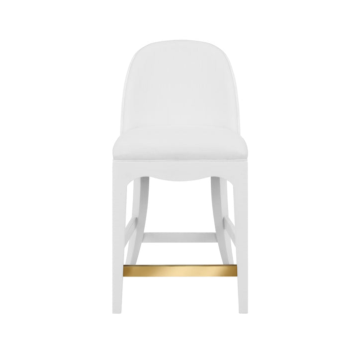 Curved Counter Stool With Satin Brass Ring Hardware On Back In Performance White Linen Upholstery And Textured White Linen Frame - SADIE CS WH
