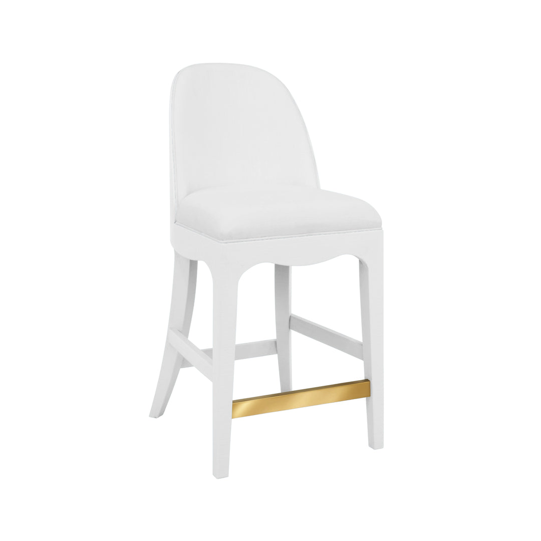 Curved Counter Stool With Satin Brass Ring Hardware On Back In Performance White Linen Upholstery And Textured White Linen Frame - SADIE CS WH