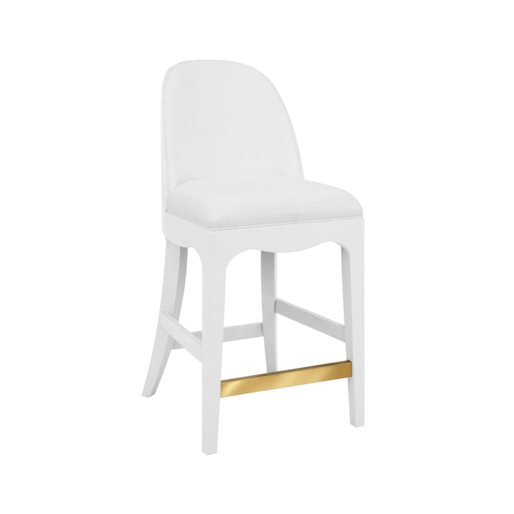 Curved Counter Stool With Satin Brass Ring Hardware On Back In Performance White Linen Upholstery And Textured White Linen Frame - SADIE CS WH