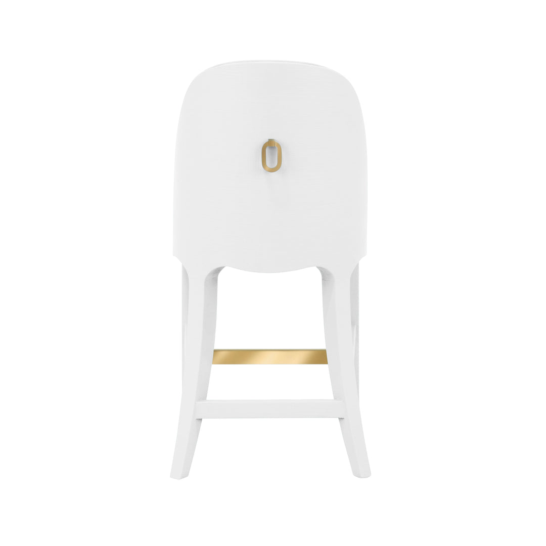 Curved Counter Stool With Satin Brass Ring Hardware On Back In Performance White Linen Upholstery And Textured White Linen Frame - SADIE CS WH
