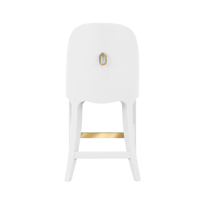 Curved Counter Stool With Satin Brass Ring Hardware On Back In Performance White Linen Upholstery And Textured White Linen Frame - SADIE CS WH