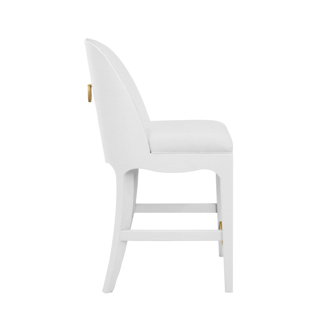 Curved Counter Stool With Satin Brass Ring Hardware On Back In Performance White Linen Upholstery And Textured White Linen Frame - SADIE CS WH