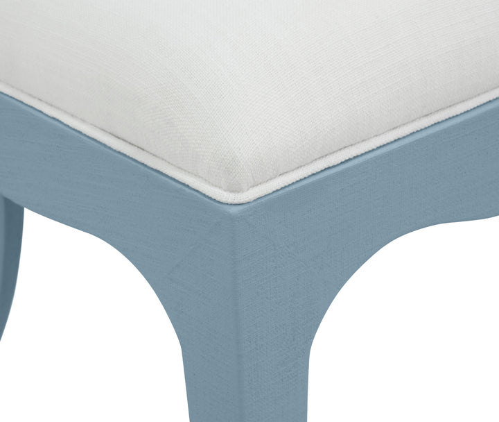 Curved Dining Chair With Satin Brass Ring Hardware On Back In Performance White Linen Upholstery And Textured Light Blue Linen Frame - SADIE LB