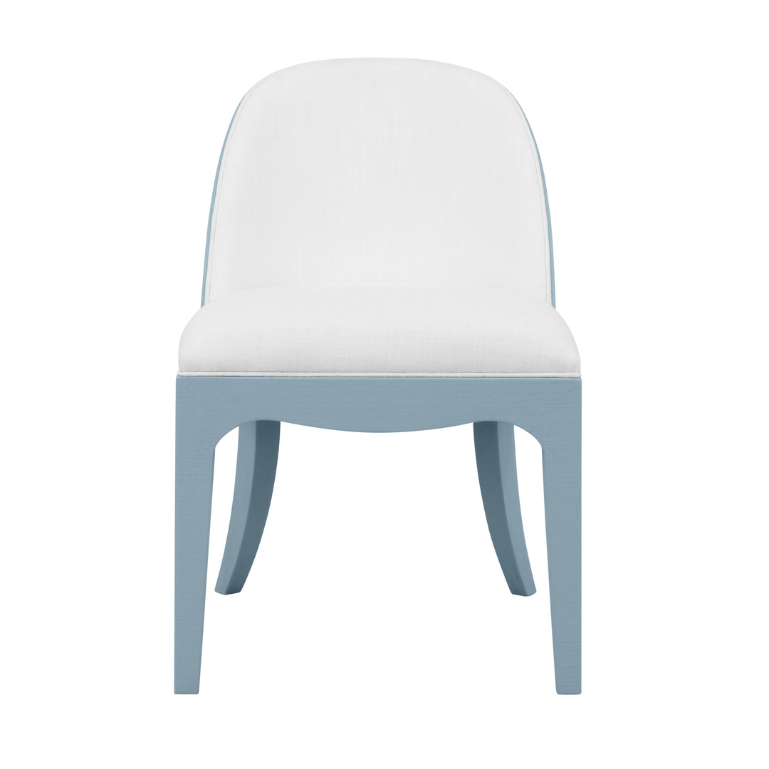 Curved Dining Chair With Satin Brass Ring Hardware On Back In Performance White Linen Upholstery And Textured Light Blue Linen Frame - SADIE LB