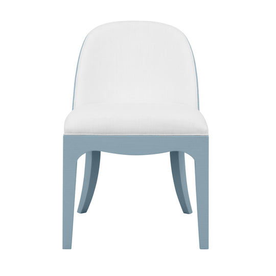 Curved Dining Chair With Satin Brass Ring Hardware On Back In Performance White Linen Upholstery And Textured Light Blue Linen Frame - SADIE LB