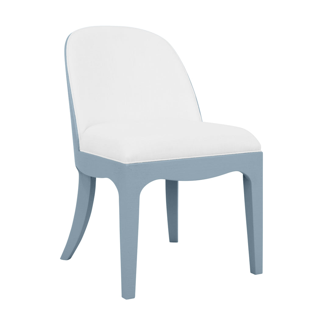 Curved Dining Chair With Satin Brass Ring Hardware On Back In Performance White Linen Upholstery And Textured Light Blue Linen Frame - SADIE LB
