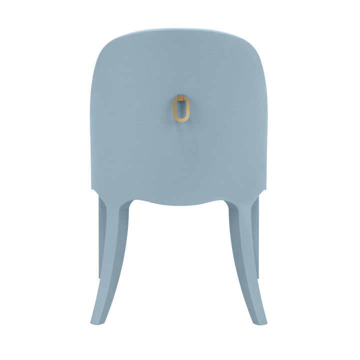 Curved Dining Chair With Satin Brass Ring Hardware On Back In Performance White Linen Upholstery And Textured Light Blue Linen Frame - SADIE LB