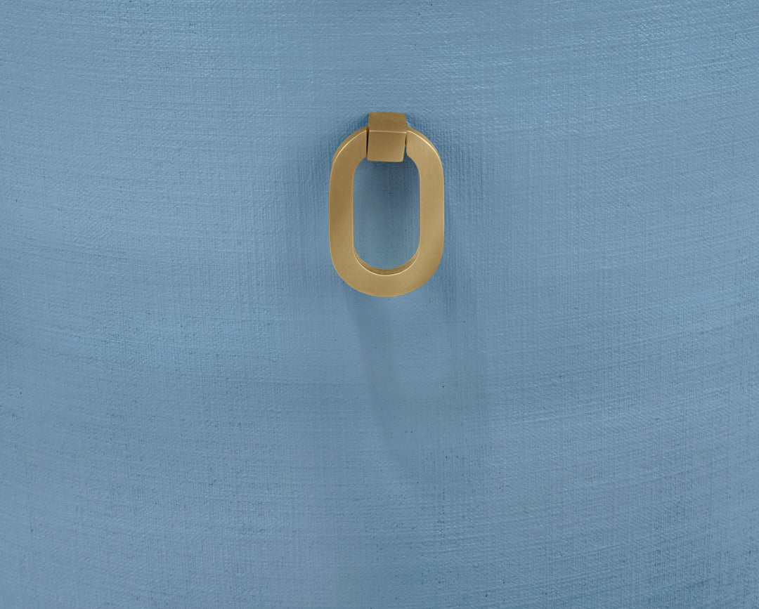 Curved Dining Chair With Satin Brass Ring Hardware On Back In Performance White Linen Upholstery And Textured Light Blue Linen Frame - SADIE LB