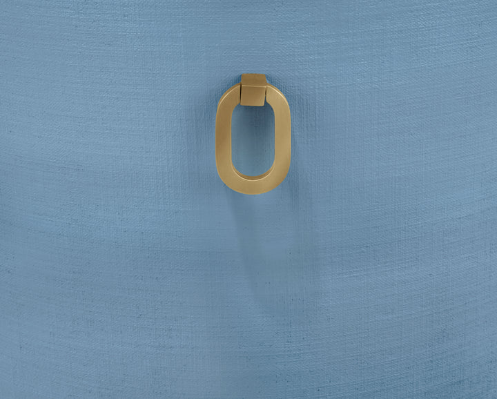 Curved Dining Chair With Satin Brass Ring Hardware On Back In Performance White Linen Upholstery And Textured Light Blue Linen Frame - SADIE LB