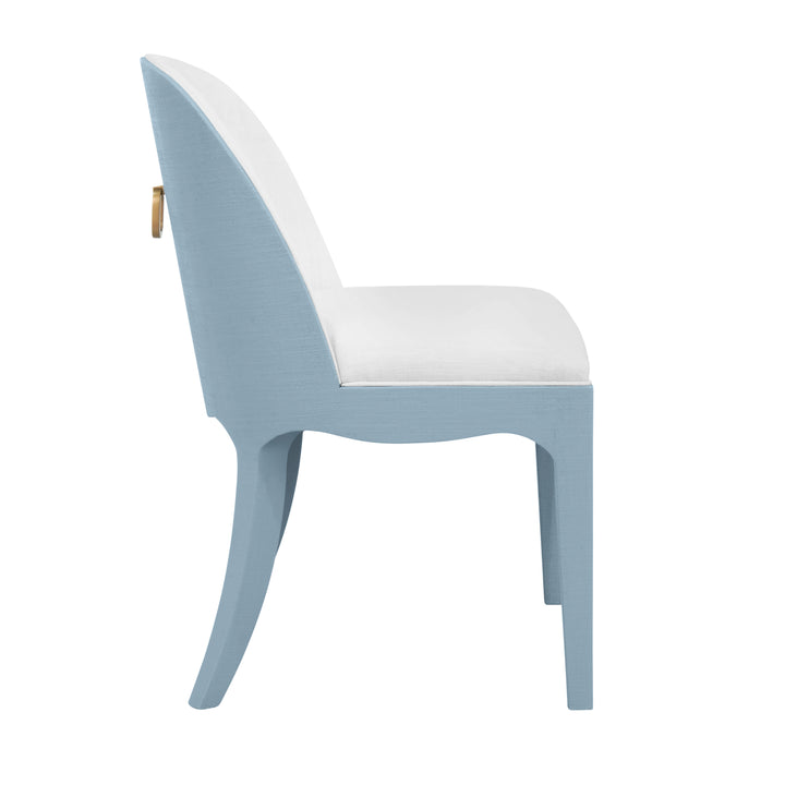 Curved Dining Chair With Satin Brass Ring Hardware On Back In Performance White Linen Upholstery And Textured Light Blue Linen Frame - SADIE LB