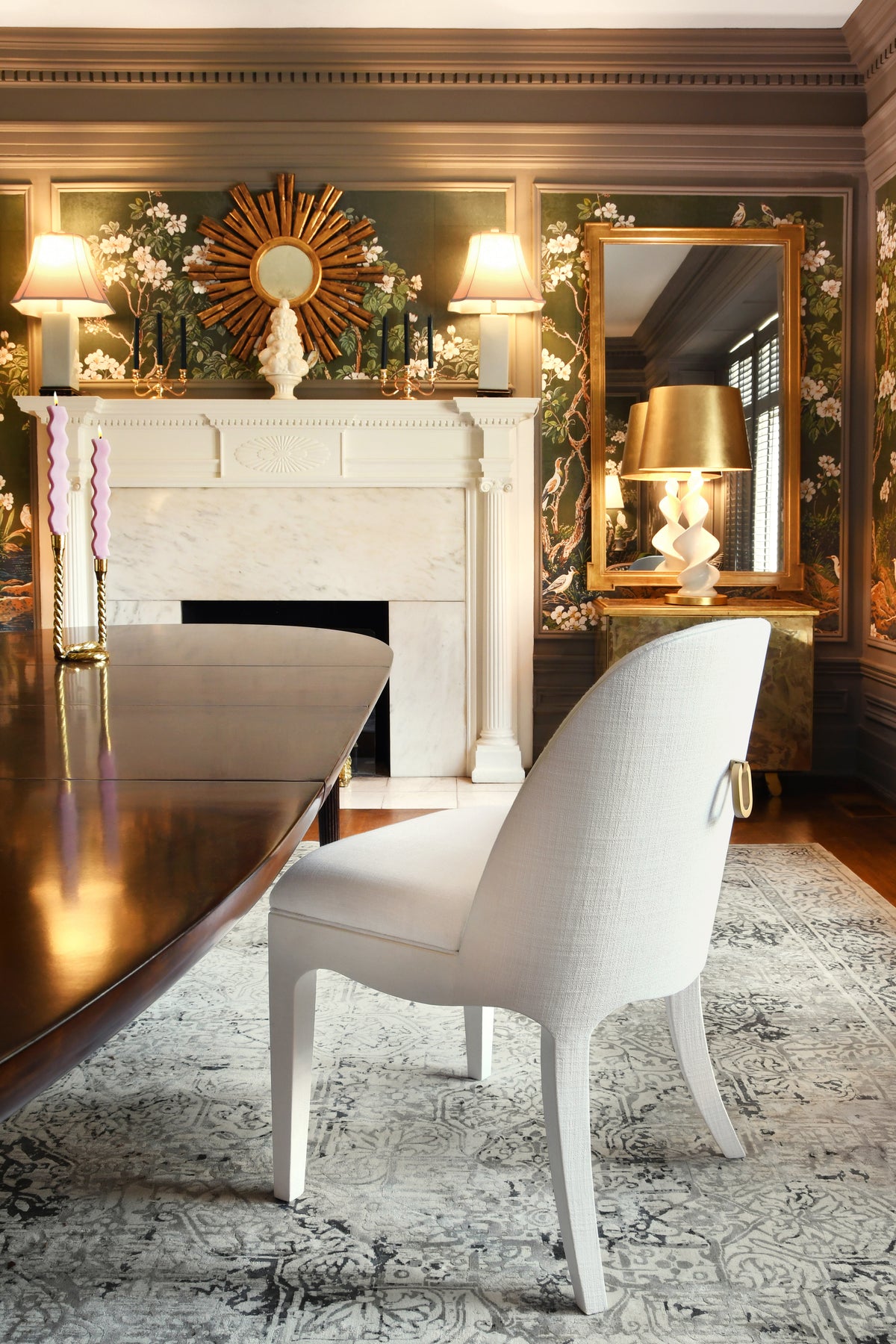 Curved Dining Chair With Satin Brass Ring Hardware On Back In Performance White Linen Upholstery And Textured White Linen Frame - SADIE WH