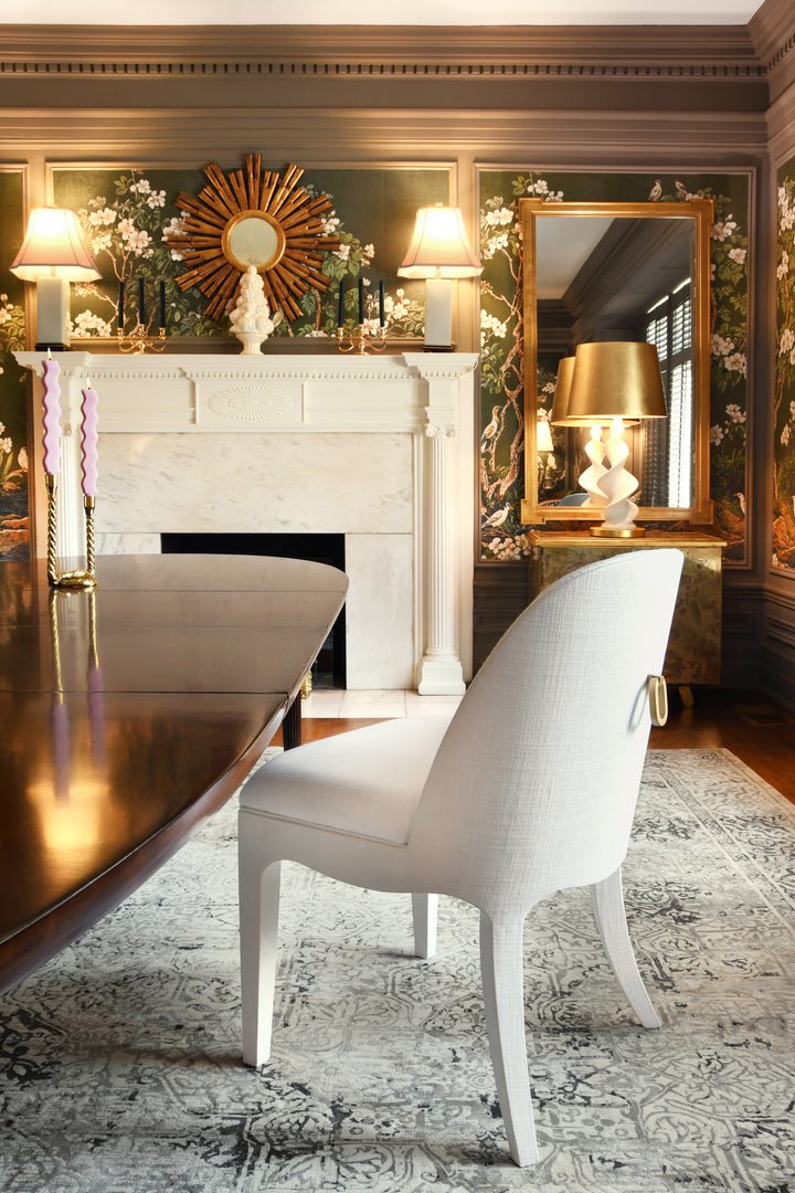 Curved Dining Chair With Satin Brass Ring Hardware On Back In Performance White Linen Upholstery And Textured White Linen Frame - SADIE WH