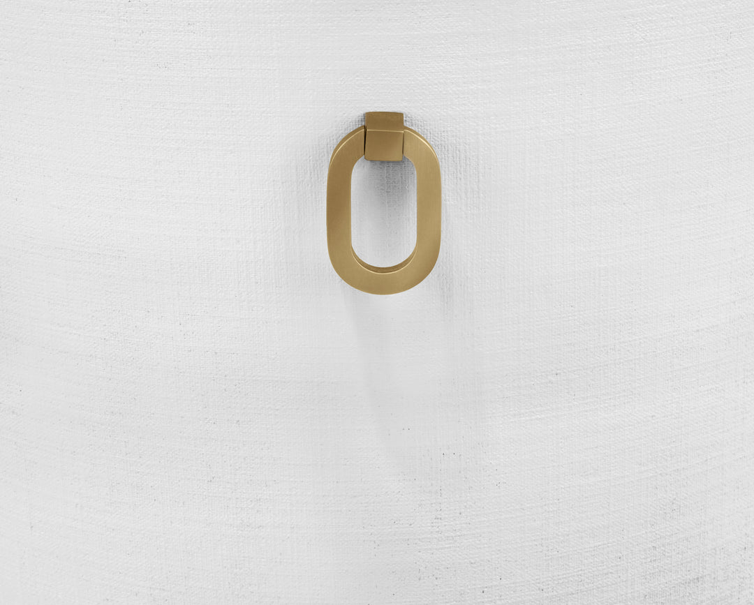 Curved Dining Chair With Satin Brass Ring Hardware On Back In Performance White Linen Upholstery And Textured White Linen Frame - SADIE WH