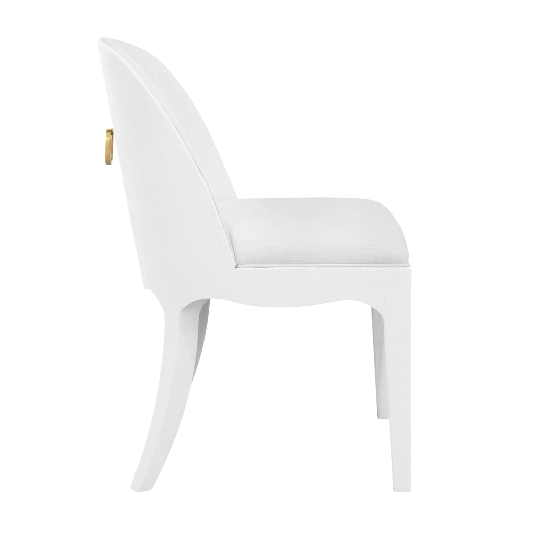 Curved Dining Chair With Satin Brass Ring Hardware On Back In Performance White Linen Upholstery And Textured White Linen Frame - SADIE WH