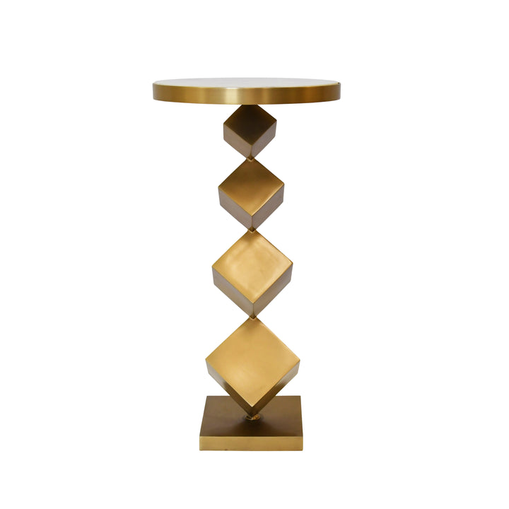 Stacked Cube Base Side Table In Antique Brass With Inset White Marble Top - SALVADOR