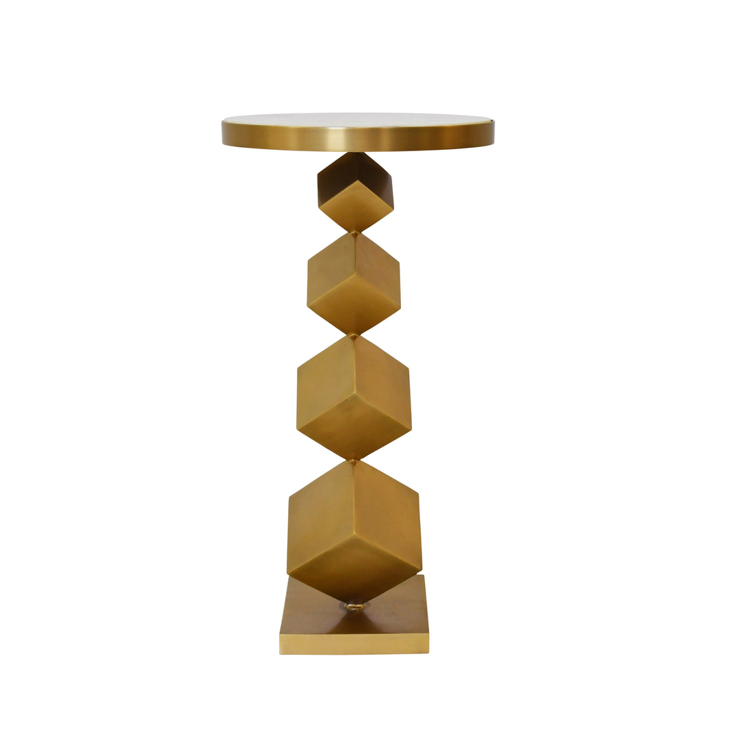 Stacked Cube Base Side Table In Antique Brass With Inset White Marble Top - SALVADOR