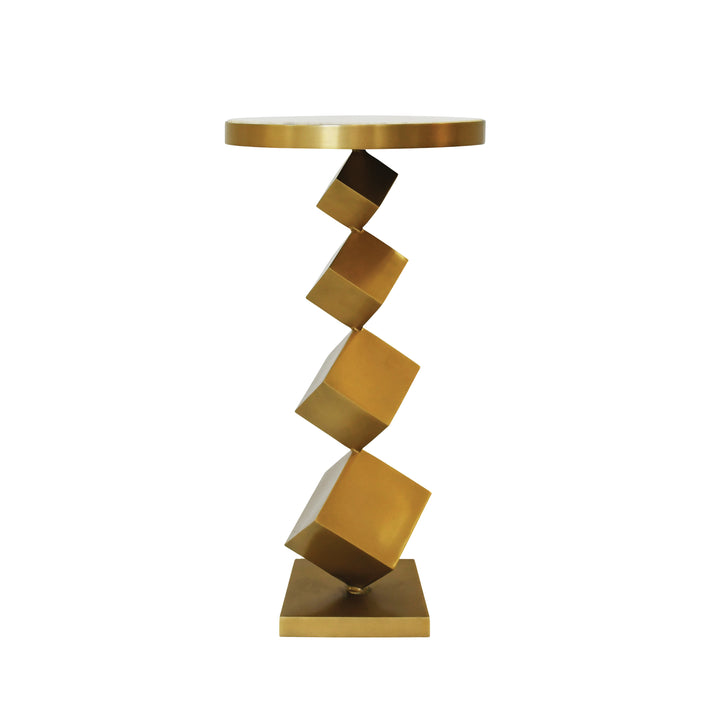 Stacked Cube Base Side Table In Antique Brass With Inset White Marble Top - SALVADOR
