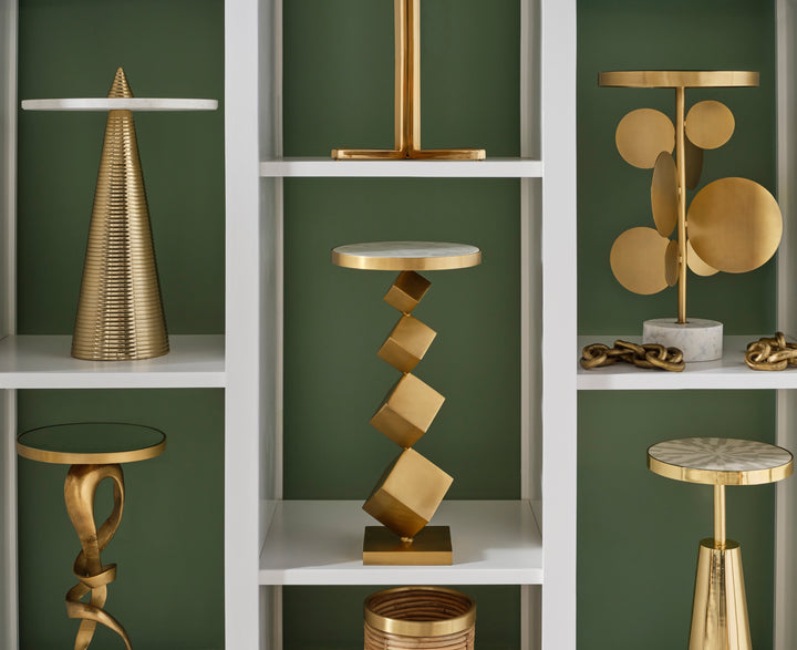 Stacked Cube Base Side Table In Antique Brass With Inset White Marble Top - SALVADOR