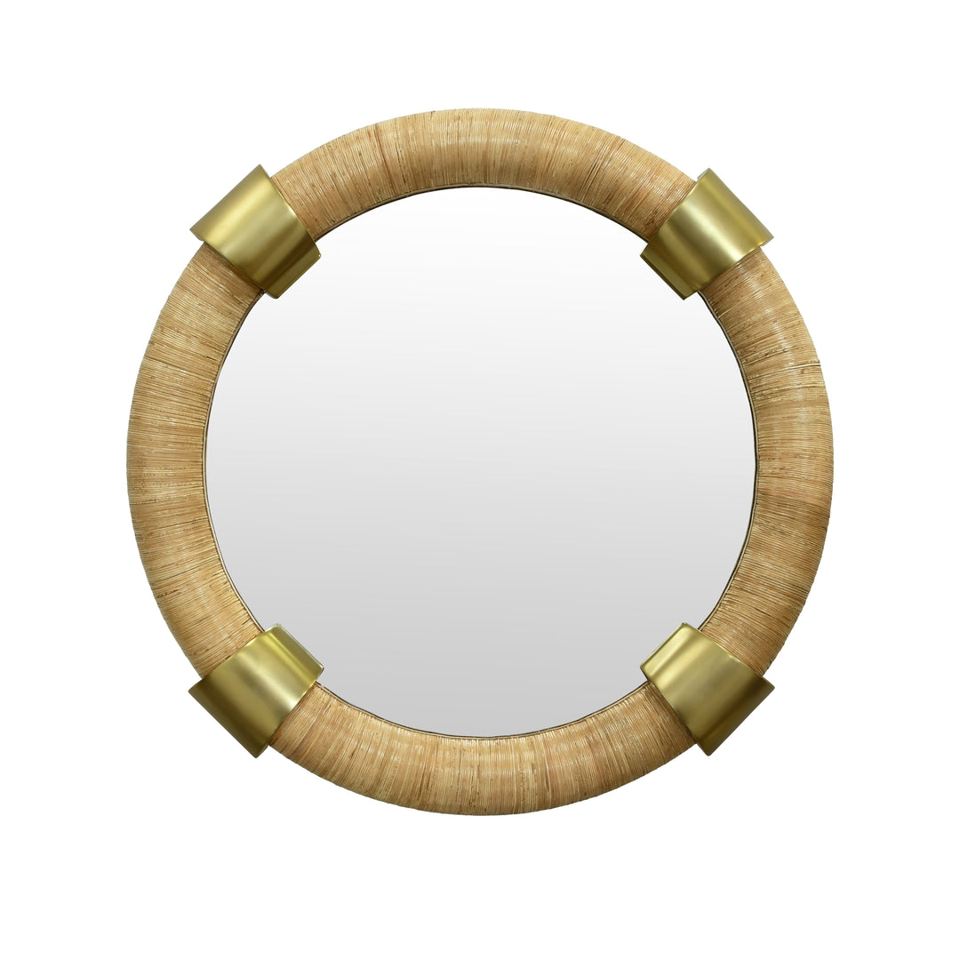 Round Wrapped Rattan Mirror With Brass Detail - SAYLOR