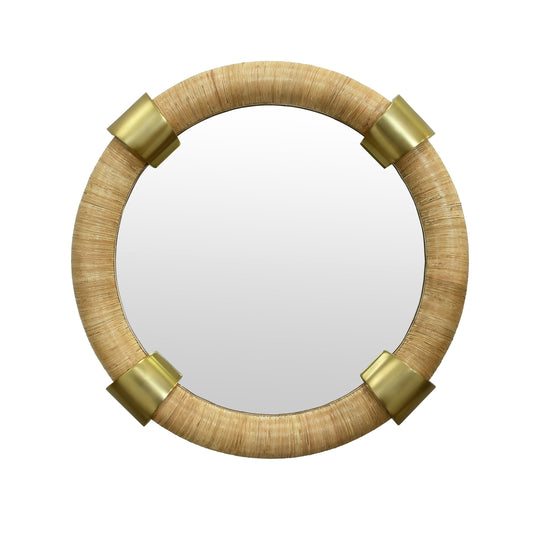 Round Wrapped Rattan Mirror With Brass Detail - SAYLOR