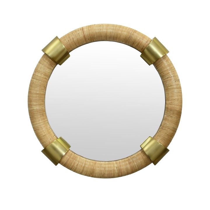 Round Wrapped Rattan Mirror With Brass Detail - SAYLOR