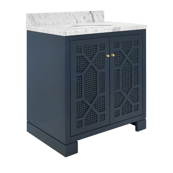 Bath Vanity In Matte Navy Lacquer With Cane Front Doors, White Marble Top, Porcelain Sink, And Polished Brass Knobs - SCHAFFER NVY
