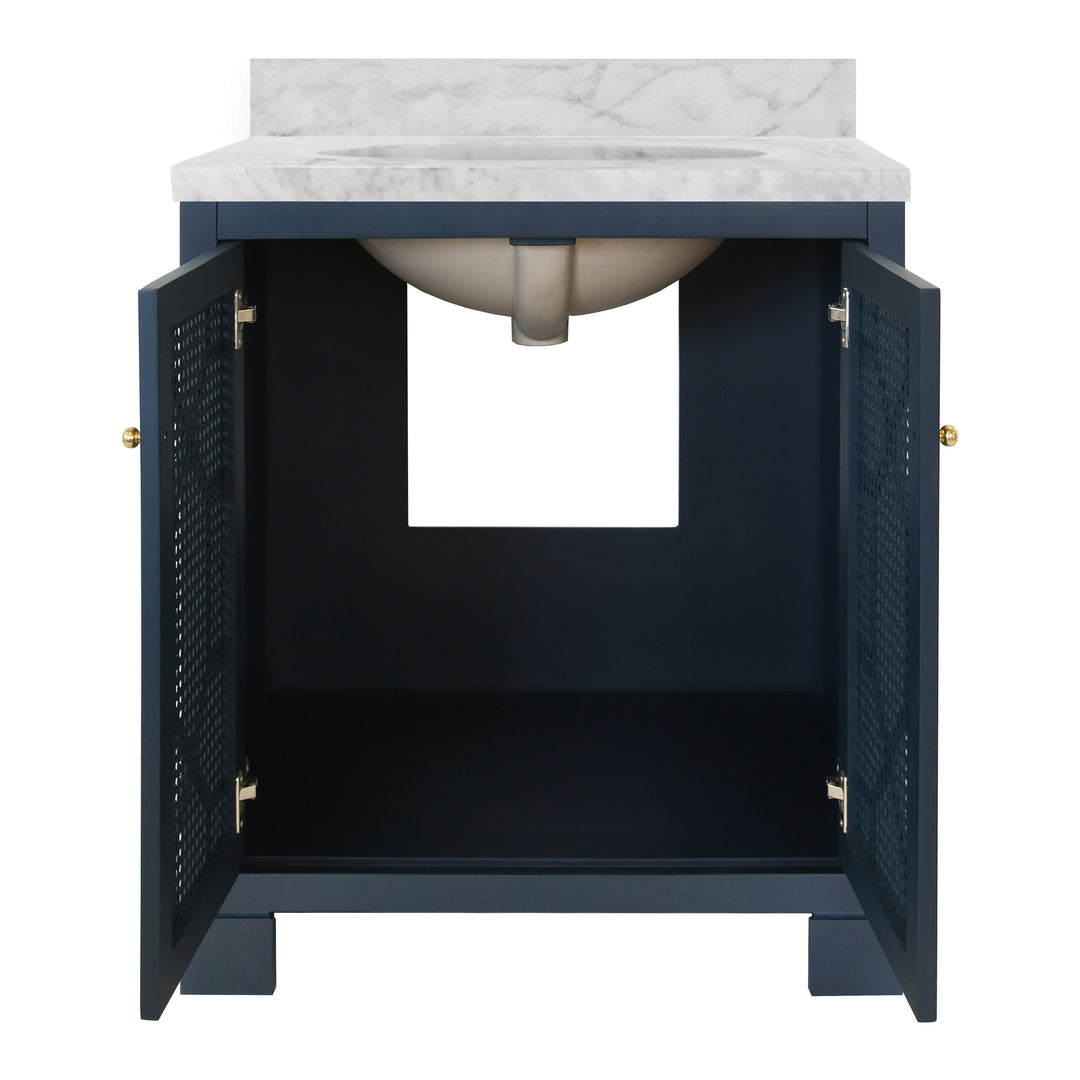 Bath Vanity In Matte Navy Lacquer With Cane Front Doors, White Marble Top, Porcelain Sink, And Polished Brass Knobs - SCHAFFER NVY