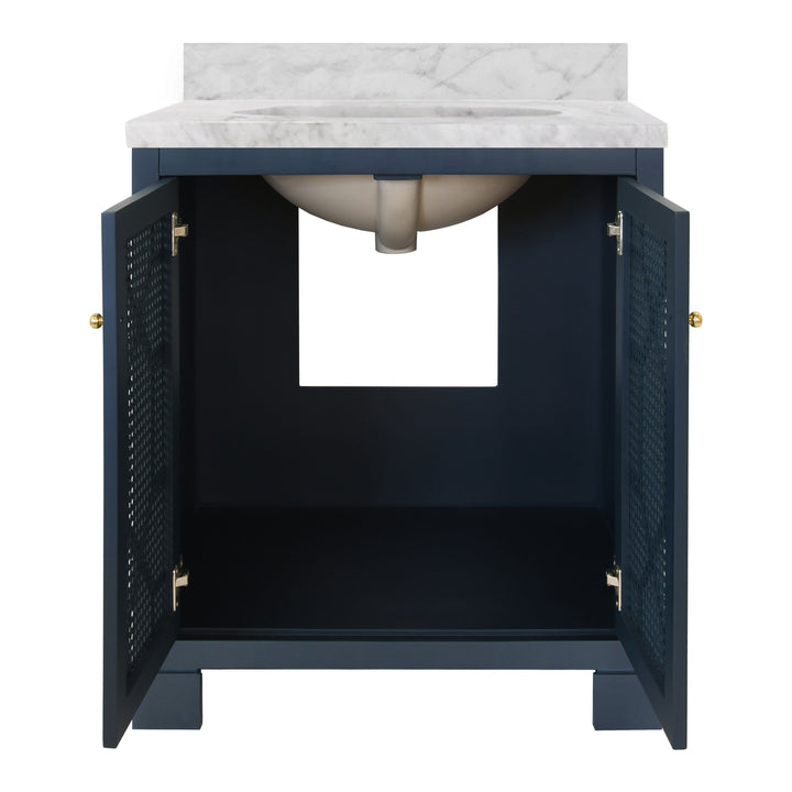 Bath Vanity In Matte Navy Lacquer With Cane Front Doors, White Marble Top, Porcelain Sink, And Polished Brass Knobs - SCHAFFER NVY