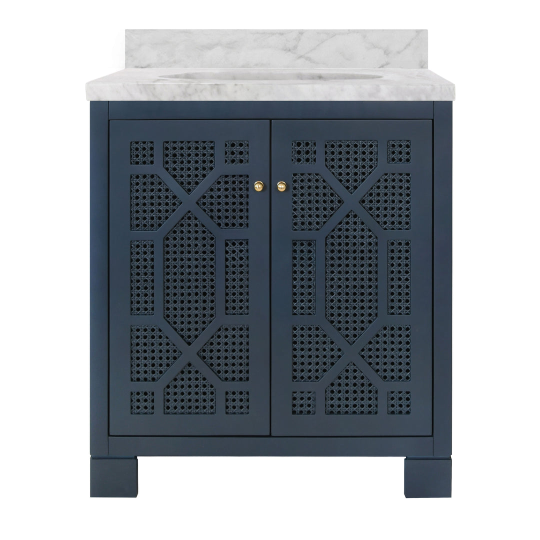 Bath Vanity In Matte Navy Lacquer With Cane Front Doors, White Marble Top, Porcelain Sink, And Polished Brass Knobs - SCHAFFER NVY