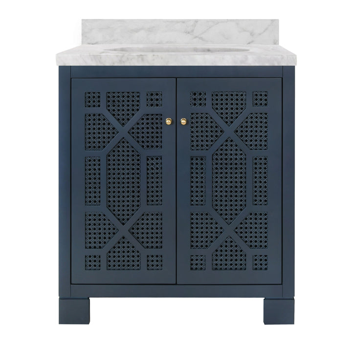 Bath Vanity In Matte Navy Lacquer With Cane Front Doors, White Marble Top, Porcelain Sink, And Polished Brass Knobs - SCHAFFER NVY